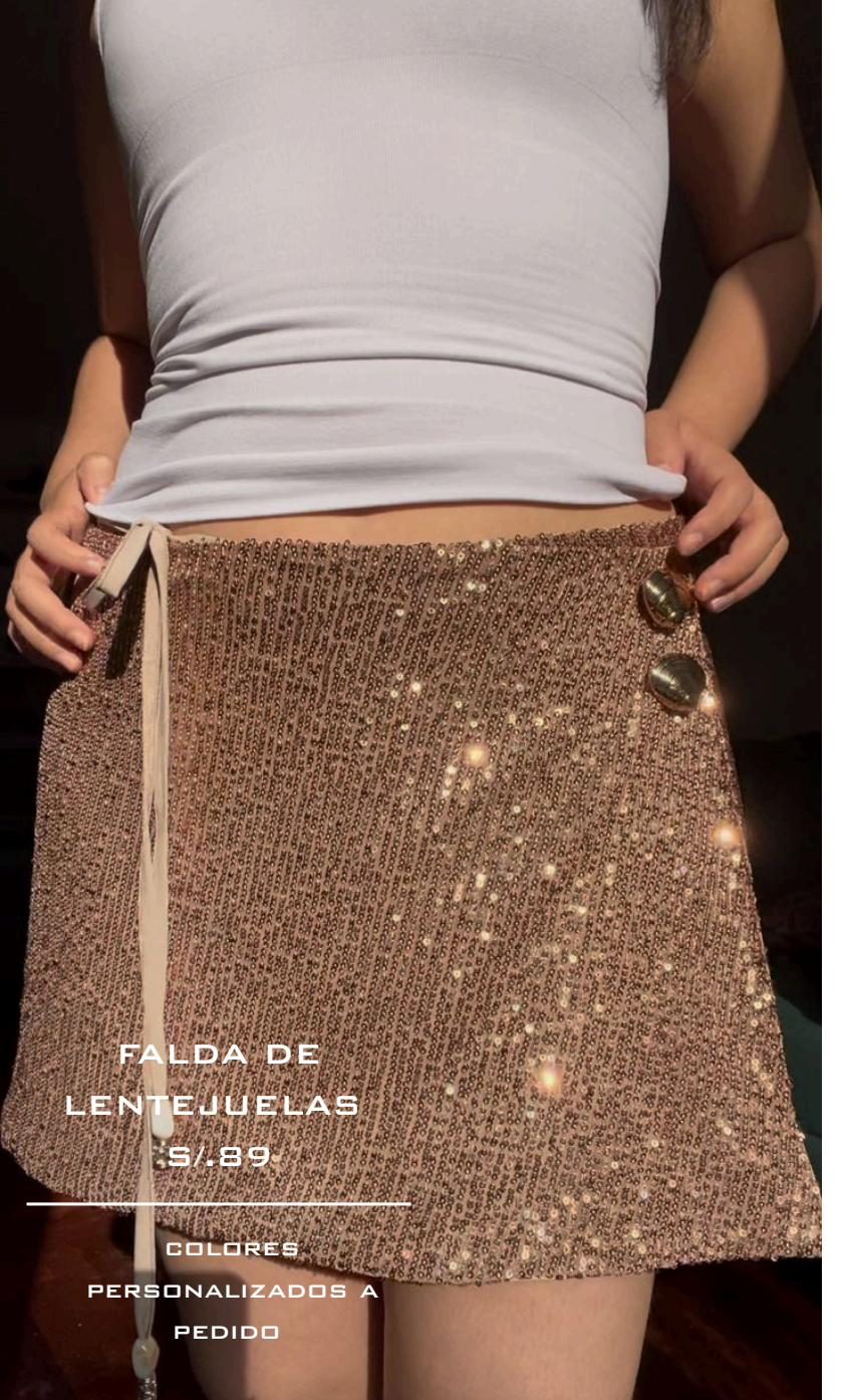 Falda de lentejuelas doradas con botones de concha, colección Aguaje